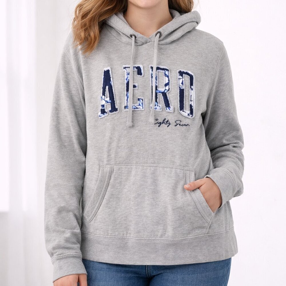 Aeropostale Large Pullover Hoodie Sweatshirt Gray with Blue Floral “AERO” Logo